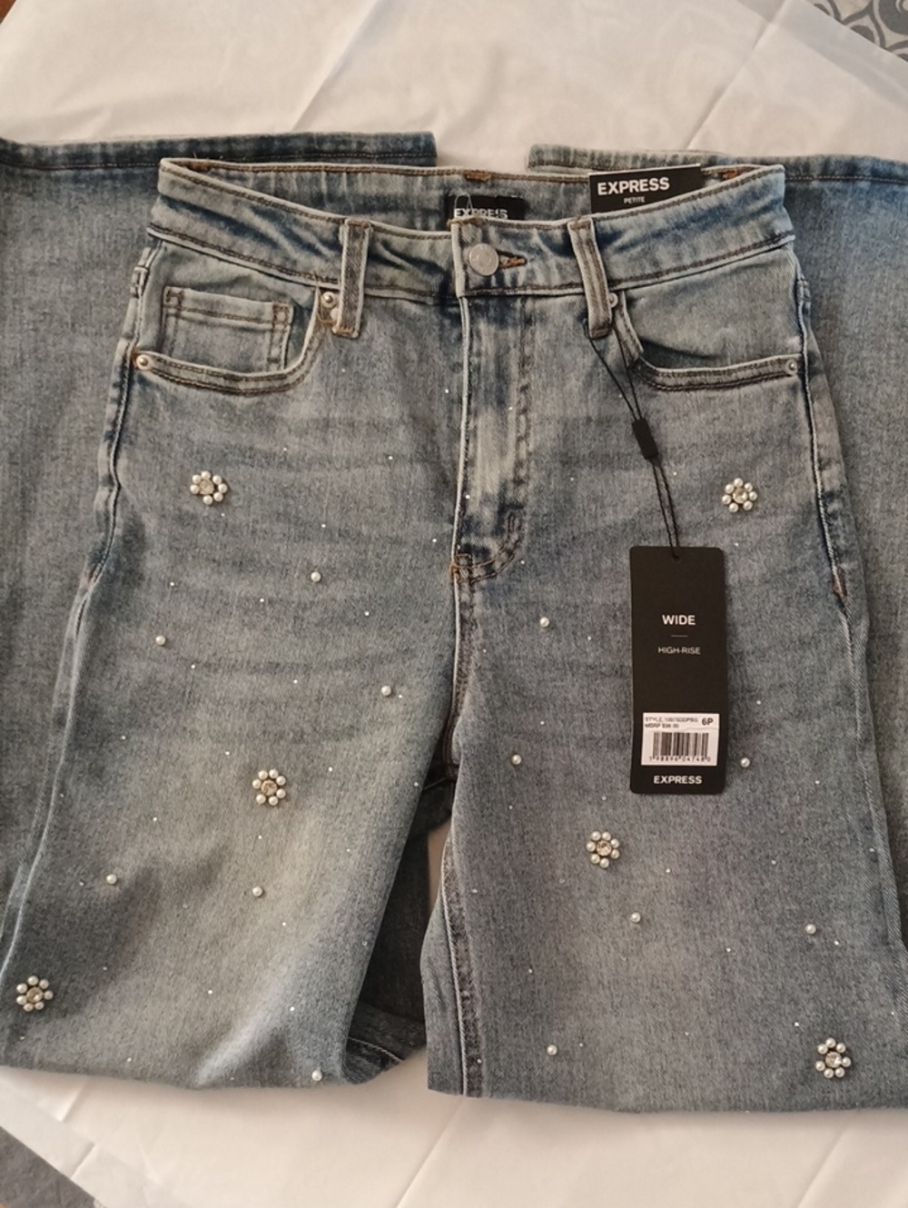 Express Light Blue Wide High-Rise Jeans with Pearl & Rhinestone Flowers